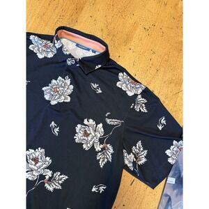Devereux Polo Shirt Mens Large Black Floral Golf Performance Stretch All Over P